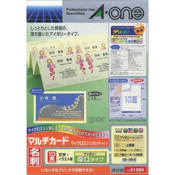 プリンター用紙 マルチカード 名刺10面 厚口 白無地A4判100シート(1000